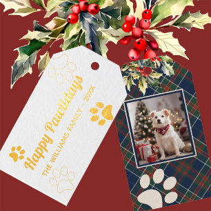 Happy Pawlidays Dog Paw Plaid Photo Christmas Foil Gift Tags