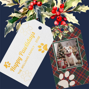 Happy Pawlidays Dog Paw Plaid Photo Christmas Foil Gift Tags