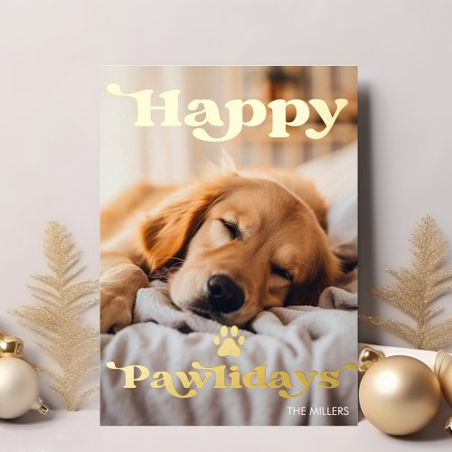 Happy Pawlidays Dog Pet Christmas Modern Retro Foil Holiday Card