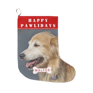 Happy pawlidays dog pet red Christmas photo Large Christmas Stocking