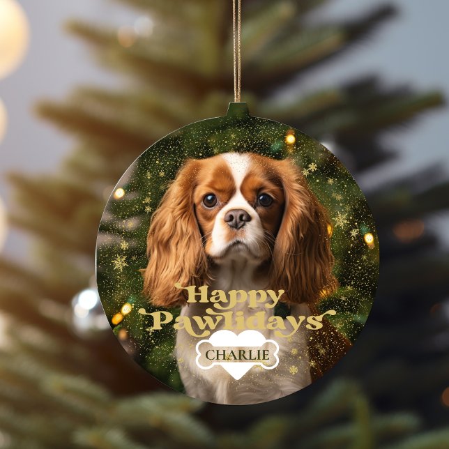 Happy  Pawlidays Dog Puppy Pet Heart Bone Photo  Ceramic Ornament (Happy Pawlidays Dog Puppy Pet Heart Bone Photo Ceramic Ornament)