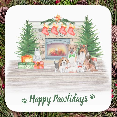 Happy Pawlidays Dogs Cats Puppies Kitten Christmas Square Sticker