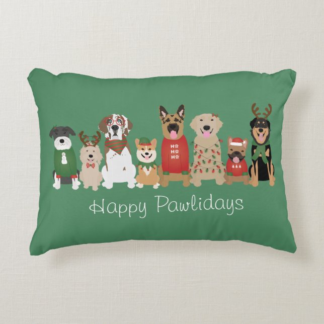 Happy Pawlidays Dogs Red Green Accent Pillow (Front)