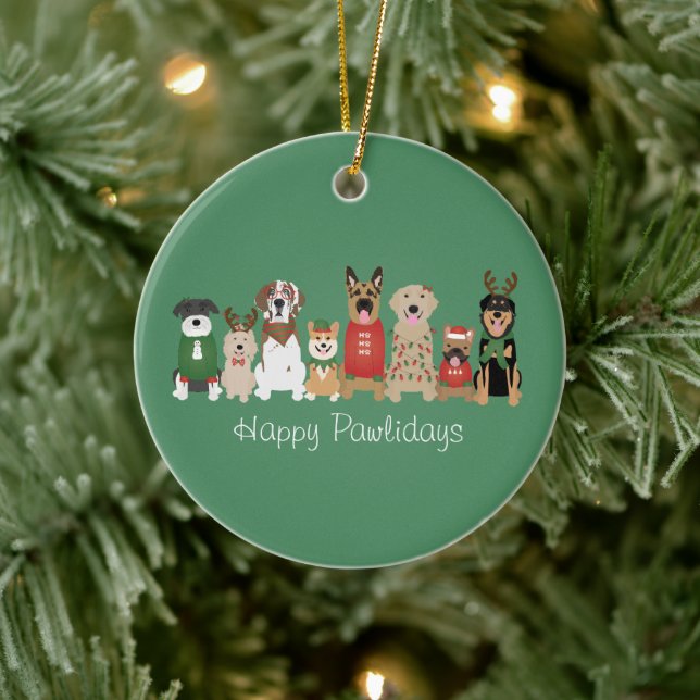 Happy Pawlidays Dogs Red Green Ceramic Ornament (Tree)