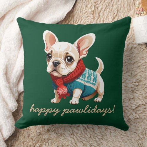 Happy Pawlidays  French Bulldog Christmas Sweater Throw Pillow