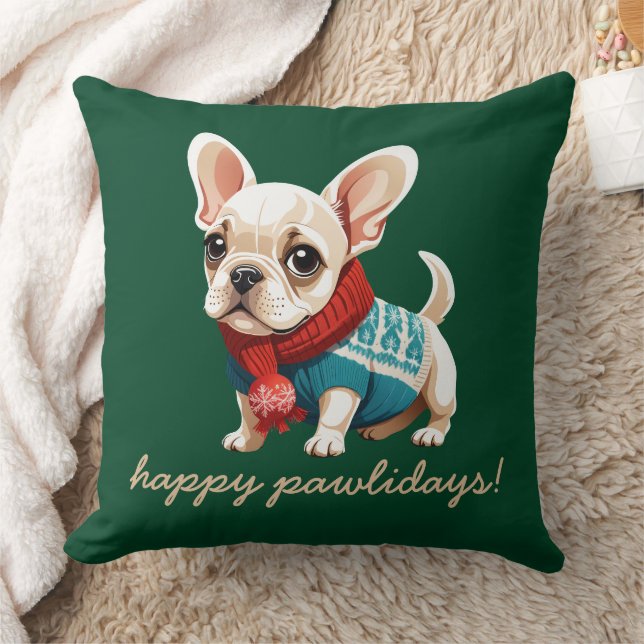 Happy Pawlidays | French Bulldog Christmas Sweater Throw Pillow (Blanket)