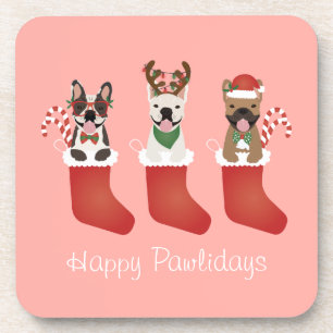 Happy Pawlidays French Bulldogs Christmas Stocking Beverage Coaster