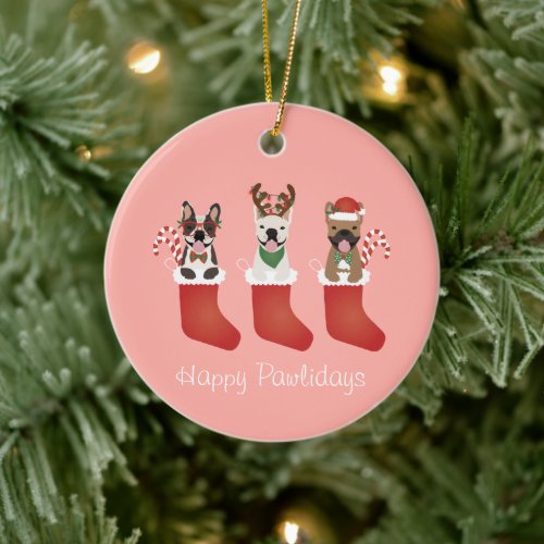 Happy Pawlidays French Bulldogs Christmas Stocking Ceramic Ornament