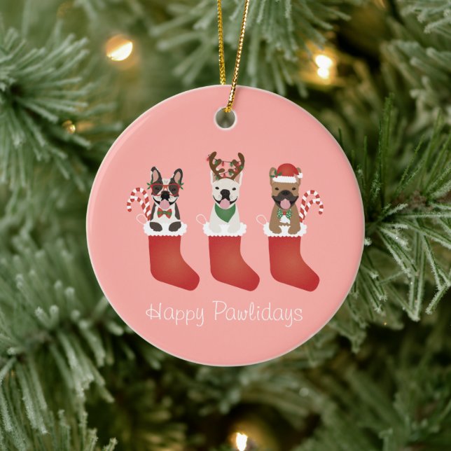 Happy Pawlidays French Bulldogs Christmas Stocking Ceramic Ornament (Tree)