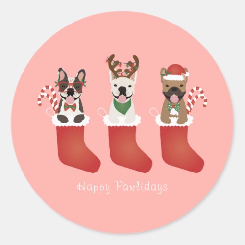 Happy Pawlidays French Bulldogs Christmas Stocking Classic Round Sticker