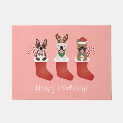 Happy Pawlidays French Bulldogs Christmas Stocking Doormat