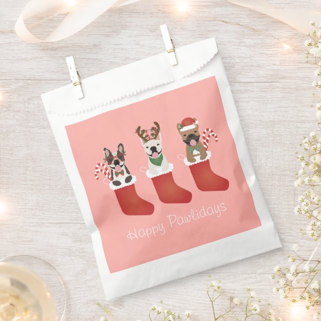 Happy Pawlidays French Bulldogs Christmas Stocking Favor Bag (Clipped)
