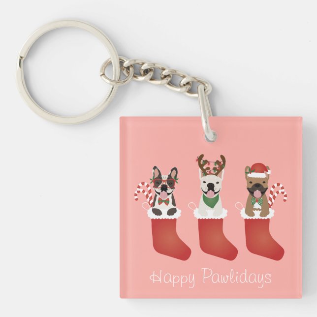 Happy Pawlidays French Bulldogs Christmas Stocking Keychain (Front)