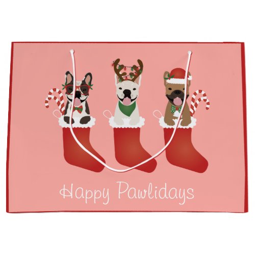 Happy Pawlidays French Bulldogs Christmas Stocking Large Gift Bag