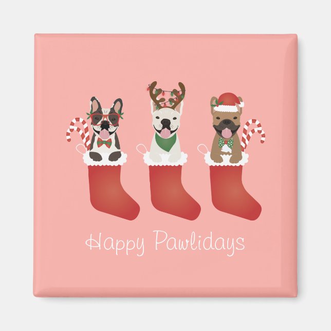 Happy Pawlidays French Bulldogs Christmas Stocking Magnet (Front)