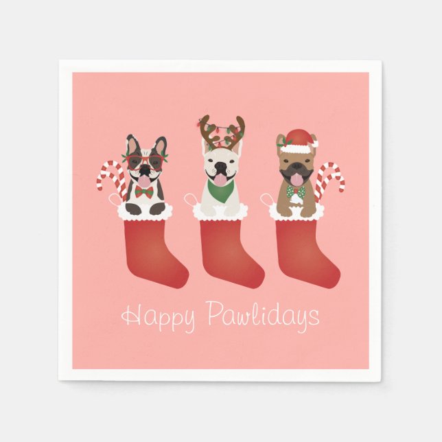 Happy Pawlidays French Bulldogs Christmas Stocking Napkins (Front)