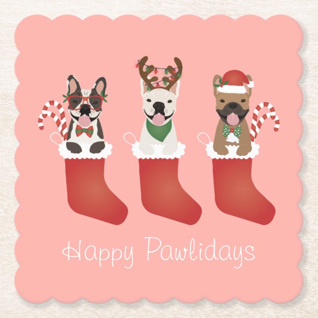 Happy Pawlidays French Bulldogs Christmas Stocking Paper Coaster (Front)