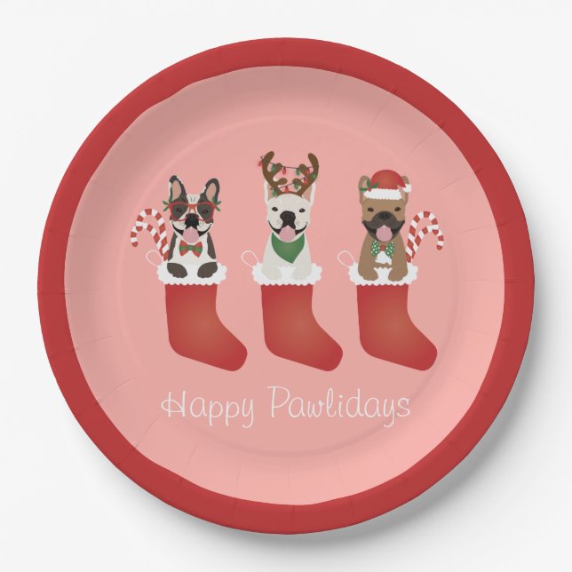 Happy Pawlidays French Bulldogs Christmas Stocking Paper Plates (Front)