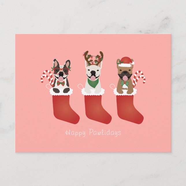 Happy Pawlidays French Bulldogs Christmas Stocking Postcard (Front)