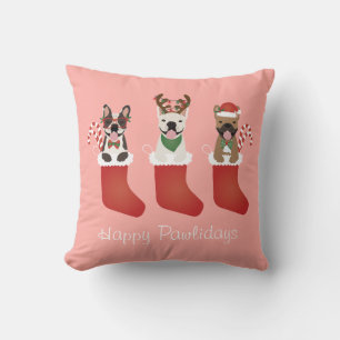 Happy Pawlidays French Bulldogs Christmas Stocking Throw Pillow