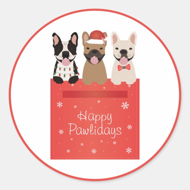 Happy Pawlidays French Bulldogs Classic Round Sticker (Front)