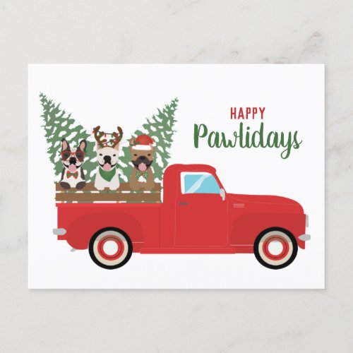 Happy Pawlidays French Bulldogs Red Pickup Truck Holiday Postcard