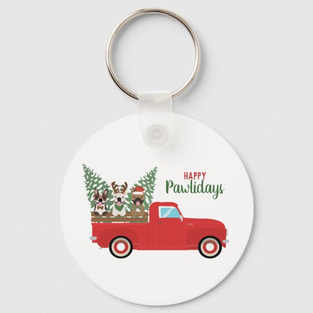 Happy Pawlidays French Bulldogs Red Pickup Truck Keychain (Front)