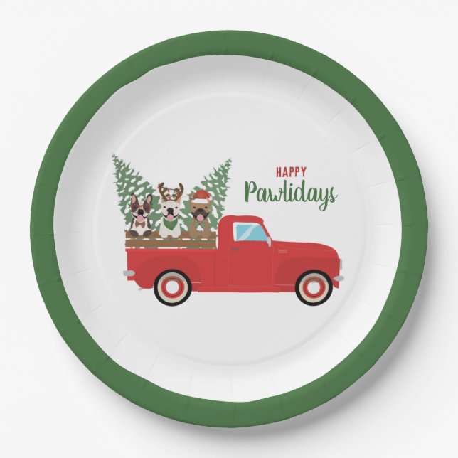 Happy Pawlidays French Bulldogs Red Pickup Truck Paper Plates (Front)