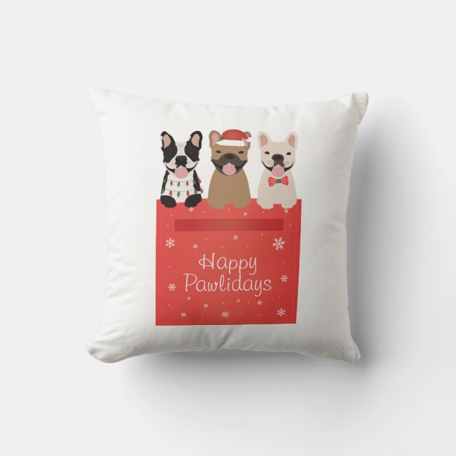 Happy Pawlidays French Bulldogs Throw Pillow (Front)