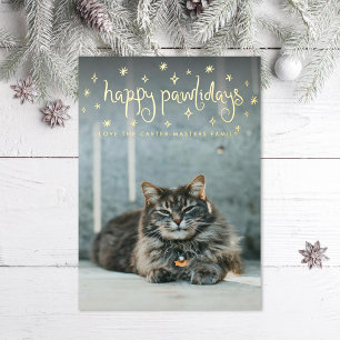 Happy Pawlidays Fun Stars Cat Photo Foil Holiday Card