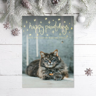 Happy Pawlidays Fun Stars Cat Photo Foil Holiday Card