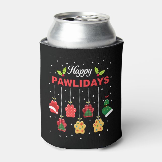 Happy Pawlidays Funny Christmas Dog Paw Xmas Dogs  Can Cooler (Can Front)