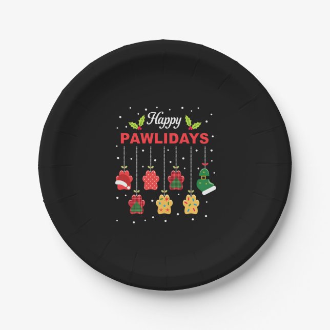 Happy Pawlidays Funny Christmas Dog Paw Xmas Dogs  Paper Plates (Front)