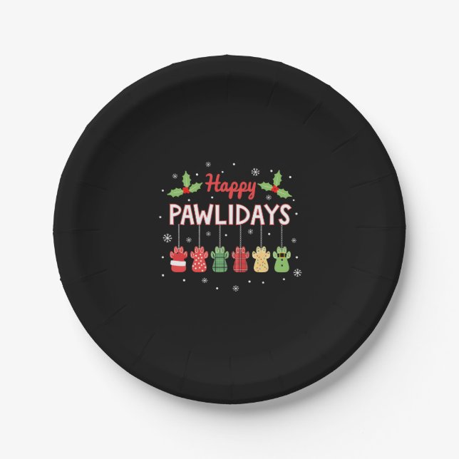 Happy Pawlidays Funny Christmas Dog Paw Xmas Dogs  Paper Plates (Front)