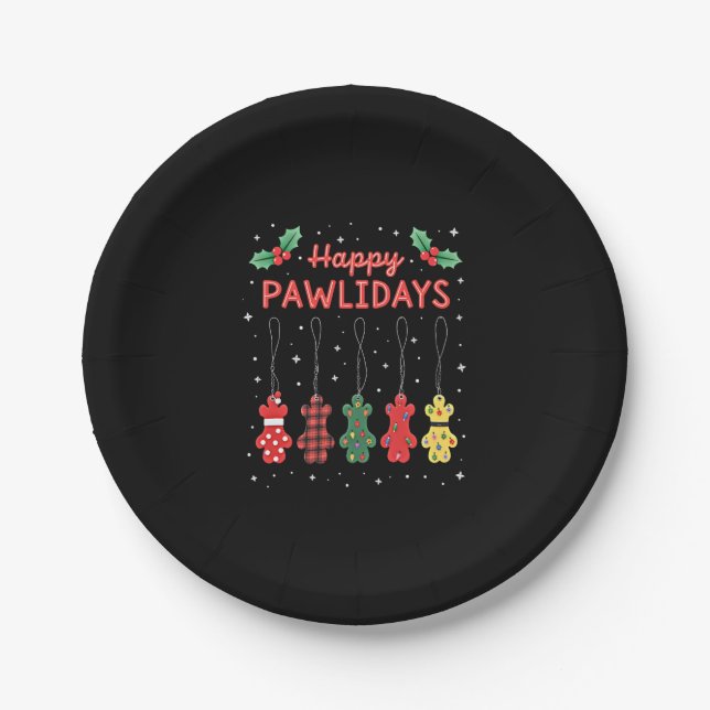 Happy Pawlidays Funny Christmas Dog Paw Xmas Dogs  Paper Plates (Front)