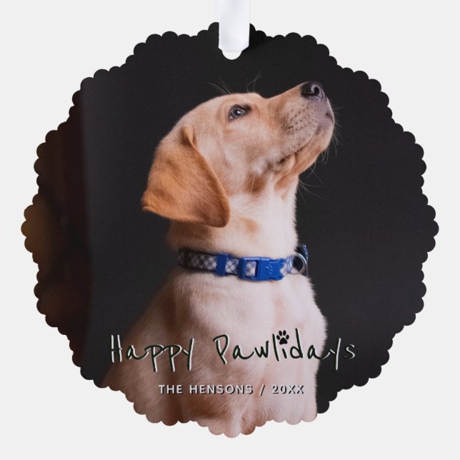 Happy Pawlidays Funny Pun Pet Photo Ornament Card (Back)