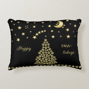 Happy Pawlidays, Gold shiny Paw Christmas tree Accent Pillow