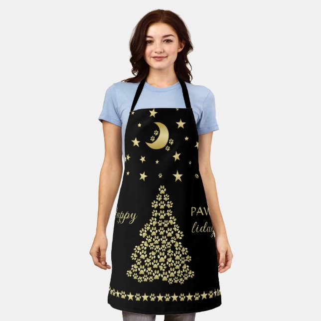 Happy Pawlidays, Gold shiny Paw Christmas tree Apron (Worn)