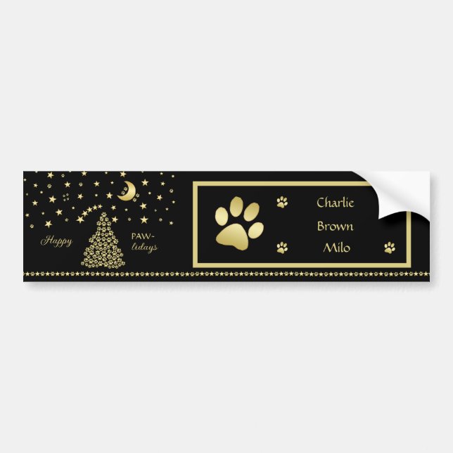 Happy Pawlidays, Gold shiny Paw Christmas tree Bumper Sticker (Front)