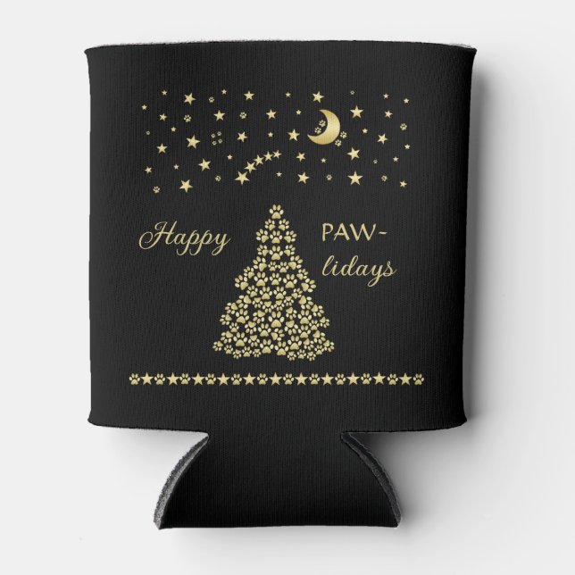 Happy Pawlidays, Gold shiny Paw Christmas tree Can Cooler (Front)