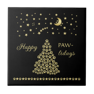 Happy Pawlidays, Gold shiny Paw Christmas tree Ceramic Tile