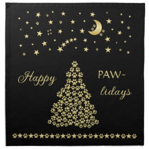 Happy Pawlidays, Gold shiny Paw Christmas tree Cloth Napkin
