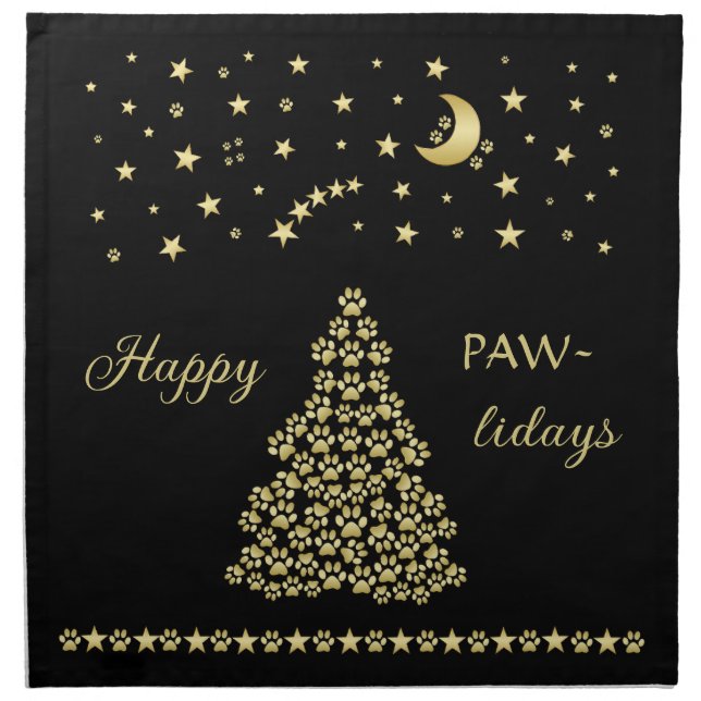 Happy Pawlidays, Gold shiny Paw Christmas tree Cloth Napkin (Front)