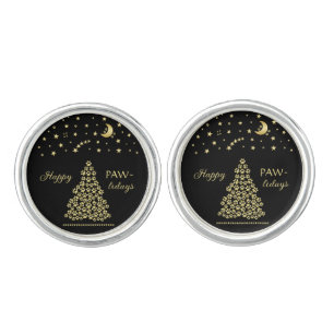 Happy Pawlidays, Gold shiny Paw Christmas tree Cufflinks