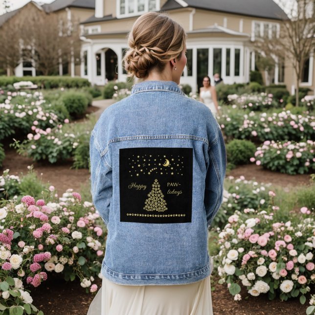 Happy Pawlidays, Gold shiny Paw Christmas tree Denim Jacket (Wedding Back)