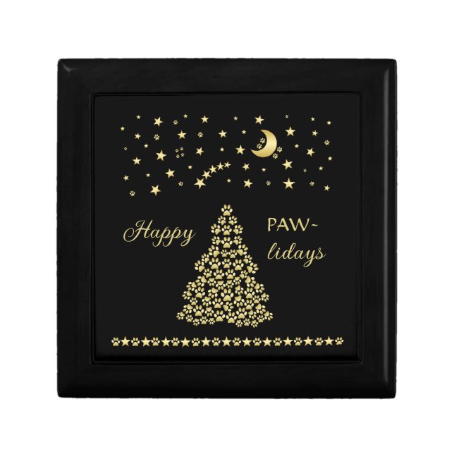 Happy Pawlidays, Gold shiny Paw Christmas tree Gift Box (Front)
