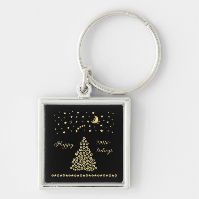 Happy Pawlidays, Gold shiny Paw Christmas tree Keychain (Front)