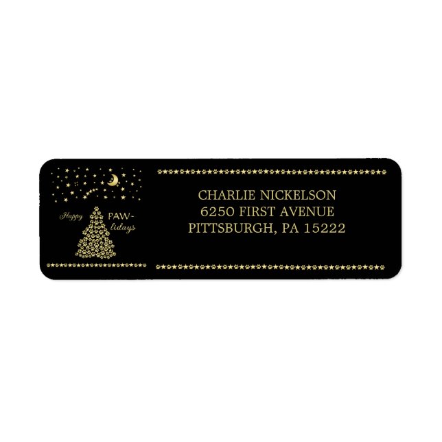 Happy Pawlidays, Gold shiny Paw Christmas tree Label (Front)