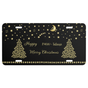 Happy Pawlidays, Gold shiny Paw Christmas tree License Plate