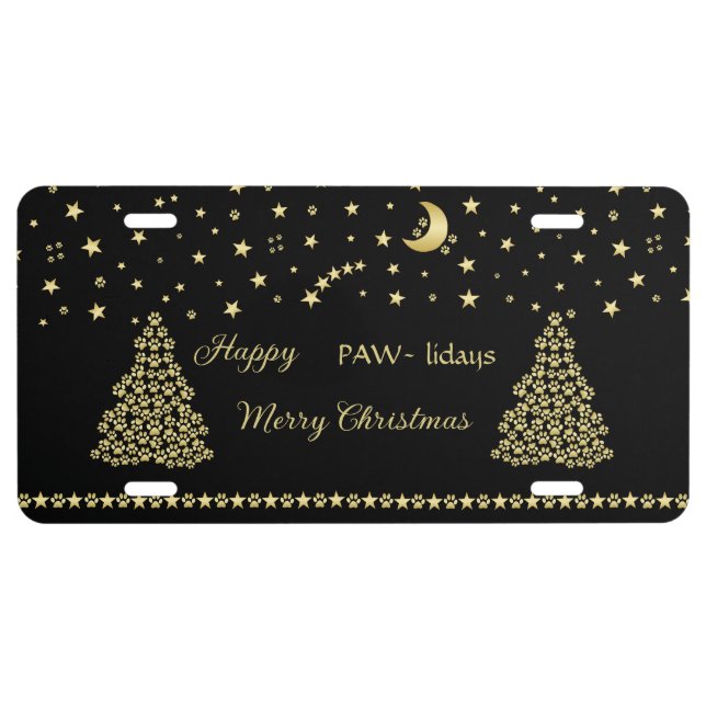 Happy Pawlidays, Gold shiny Paw Christmas tree License Plate (Front)